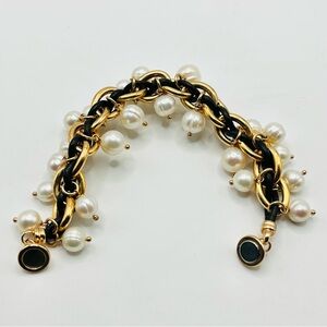 18K Rose Gold Plated Honora Ringed Cultured Pearl and Leather Charm Bracelet 7”
